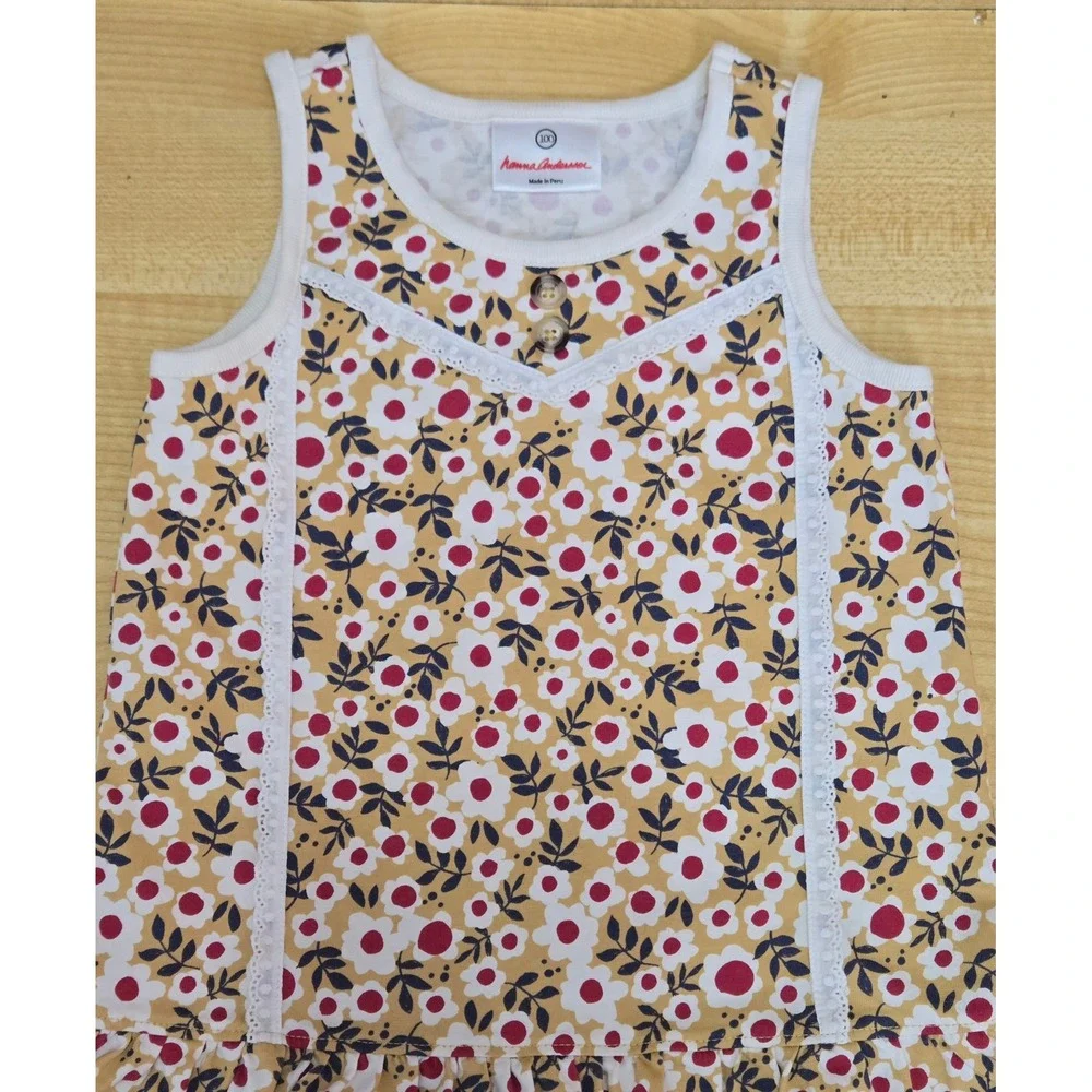 Hanna Andersson Girls Yellow Floral Lace Trim Drop Waist Cotton Dress Size 100‎